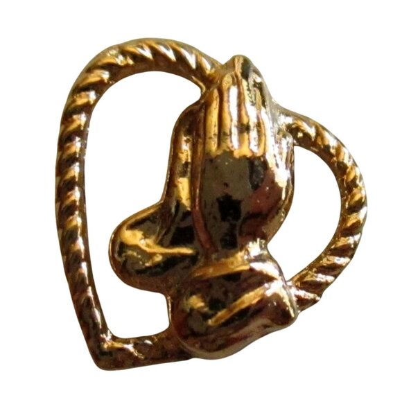 NOS NWOT TINY Goldtone CHRISTIAN PRAYING HANDS HEART True Vtg 70s pin pinback - Picture 1 of 2